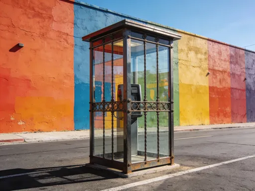Prompt: Wide shot, eye-level perspective of a roadside scene in Mekelle, Ethiopia. Subject: A small glass and iron traffic control booth. Backdrop: A flat, textured cafe wall painted in vibrant colors. Foreground: A clean asphalt road, devoid of cars. Lighting: Bright noon sun, clear sky. This is a static background plate for a film composite. High detail on metal frames and glass reflections.[1] No motion blur, sharp focus throughout. --style raw