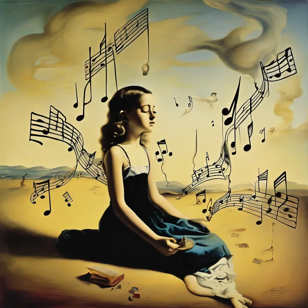 Prompt: music, pain, child, girl, Trauma, Salvador Dalí style vision, surrealist, dreamlike, precise, melting