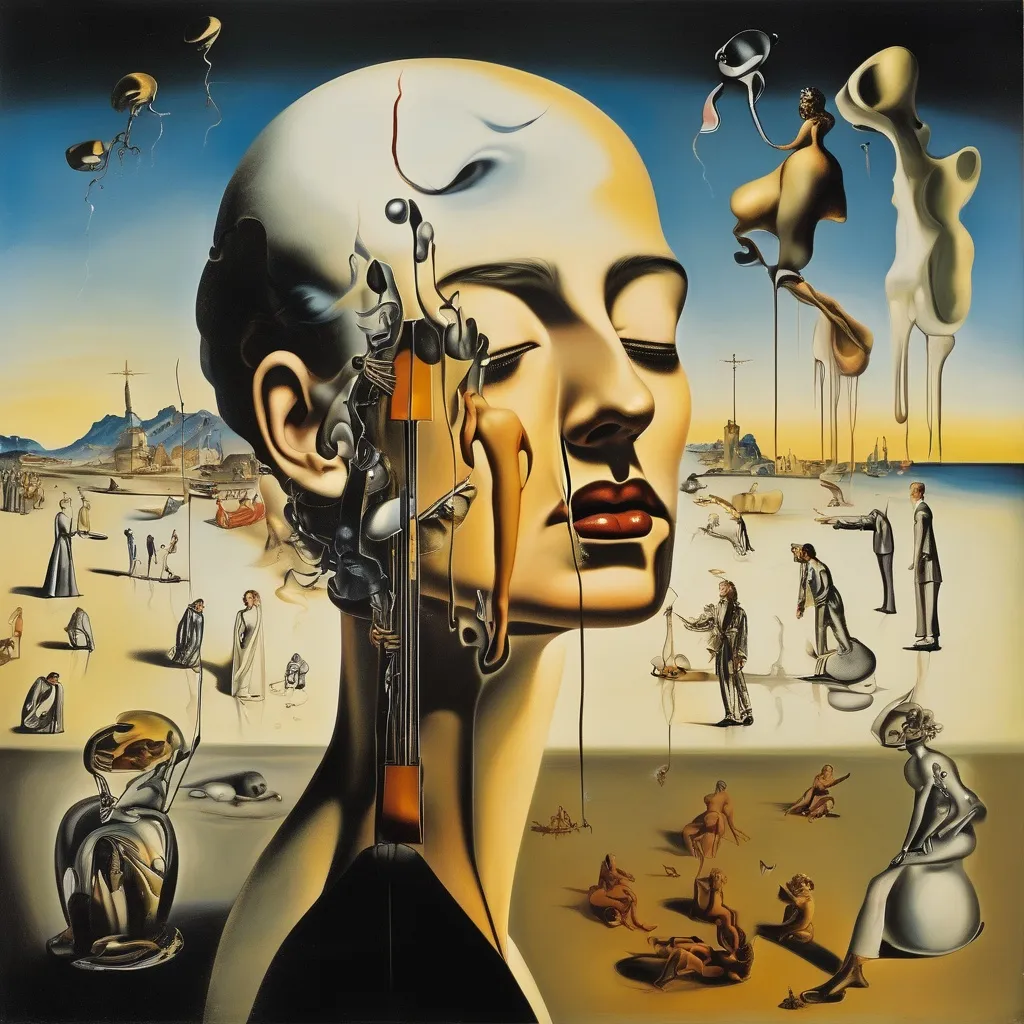 Prompt: music, pain, girl, Trauma, objects, people, crowd, men, Salvador Dalí style vision, surrealist, dreamlike, precise, melting