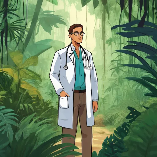 Prompt: landscape of a jungle, zoom in, a man that looks like a doctor, wearing doctor clothes, looks in front of him, he is at the right side of the image, there 5 layers of illustrated jungle.