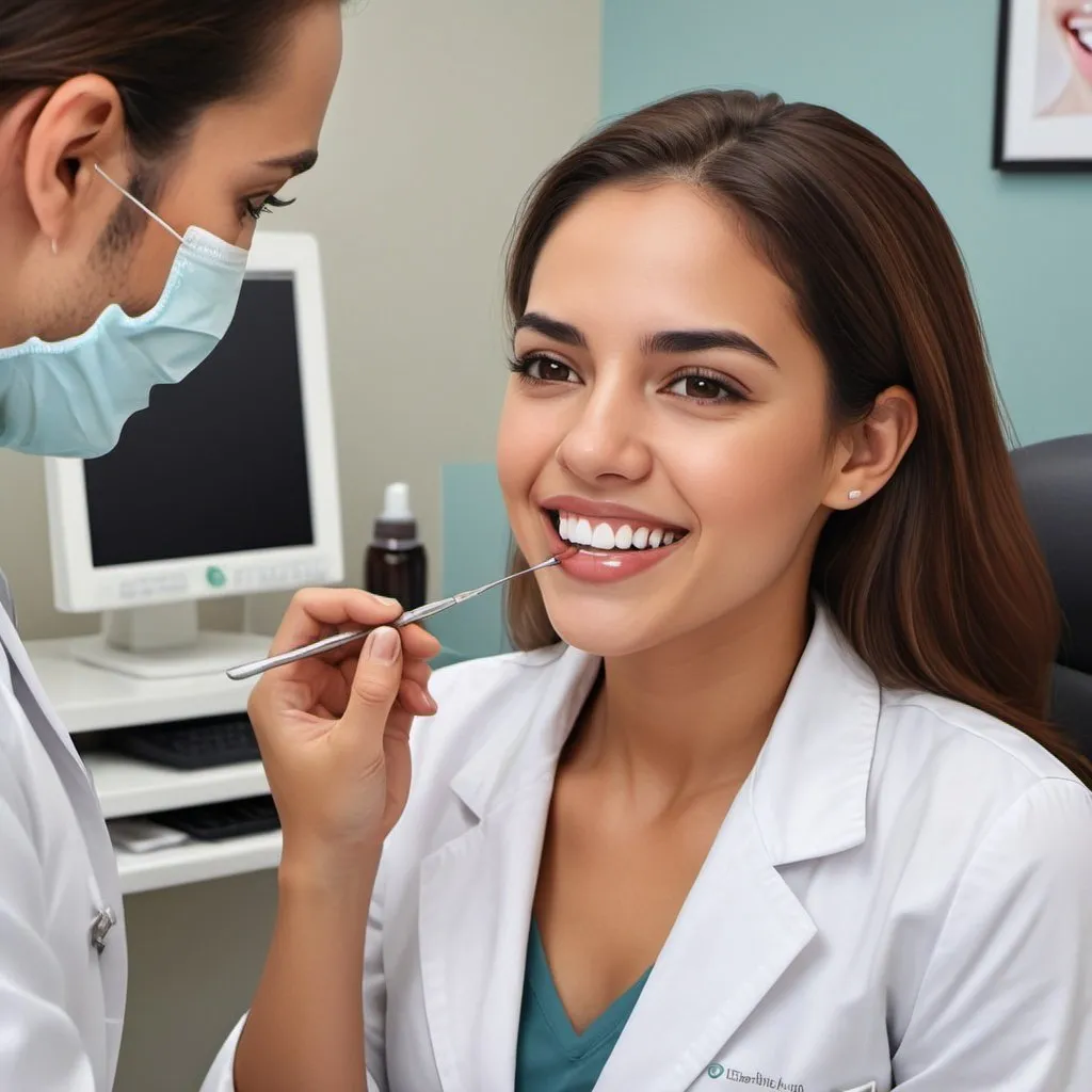 Prompt: Realistic digital painting of a young Hispanic woman, warm and friendly conversation with a dentist, contemporary office setting, professional attire, natural lighting, realistic skin tones, detailed dental equipment, modern marketing concept, digital art, warm color palette, casual professional, detailed facial expressions, high quality, realistic style, contemporary office, dental consultation, warm and friendly interaction, digital marketing pitch
