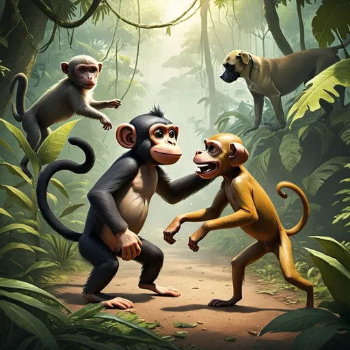 Prompt: "Give an image of a monkey and a dog playing together and roaming around in the jungle."