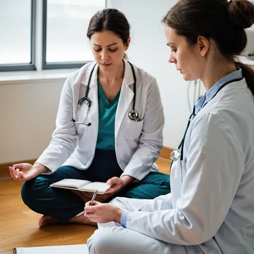 Prompt: an image of a woman meditating and a doctor watching and making notes on a notepad.