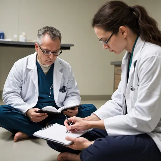 Prompt: an image of a scientist observing and taking notes of a patient who is meditating