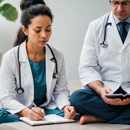 Prompt: an image of a woman meditating and a doctor watching and making notes on a notepad.