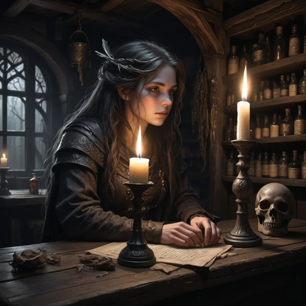 Prompt: In the dim, flickering light of an ancient tavern, nestled deep within the shadowy woods of a forgotten kingdom, a lone figure sits at the bar. The wood-paneled walls are lined with strange, arcane symbols that seem to shift and writhe when glanced at too long. Bottles filled with elixirs and potions of unknown origin gleam ominously on the shelves, their contents glowing faintly with otherworldly light.

The figure's hair, dark as midnight, is tangled with a quill pen, a relic of a sorcerer’s craft, now repurposed as a talisman of protection against the dark forces that linger just beyond the reach of the firelight. Her skin, pale and smooth, is contrasted by the deep shadows cast by the guttering candles. The silence of the tavern is broken only by the faint, eerie whispers that seem to emanate from the walls themselves.

In the reflection of a polished goblet, the figure's eyes are sharp and vigilant, revealing a soul who has seen much, perhaps too much, of the darkness that lurks in the world. The quill in her hair glows faintly, a sign of the ancient magic that resides within it, a magic she has harnessed to survive in this unforgiving realm.

The air is thick with the scent of burning herbs and the faint, metallic tang of spilled blood, remnants of forgotten rituals performed here long ago. Outside, the forest is alive with the sounds of creatures that do not belong to this world, waiting for the chance to step into the light.
