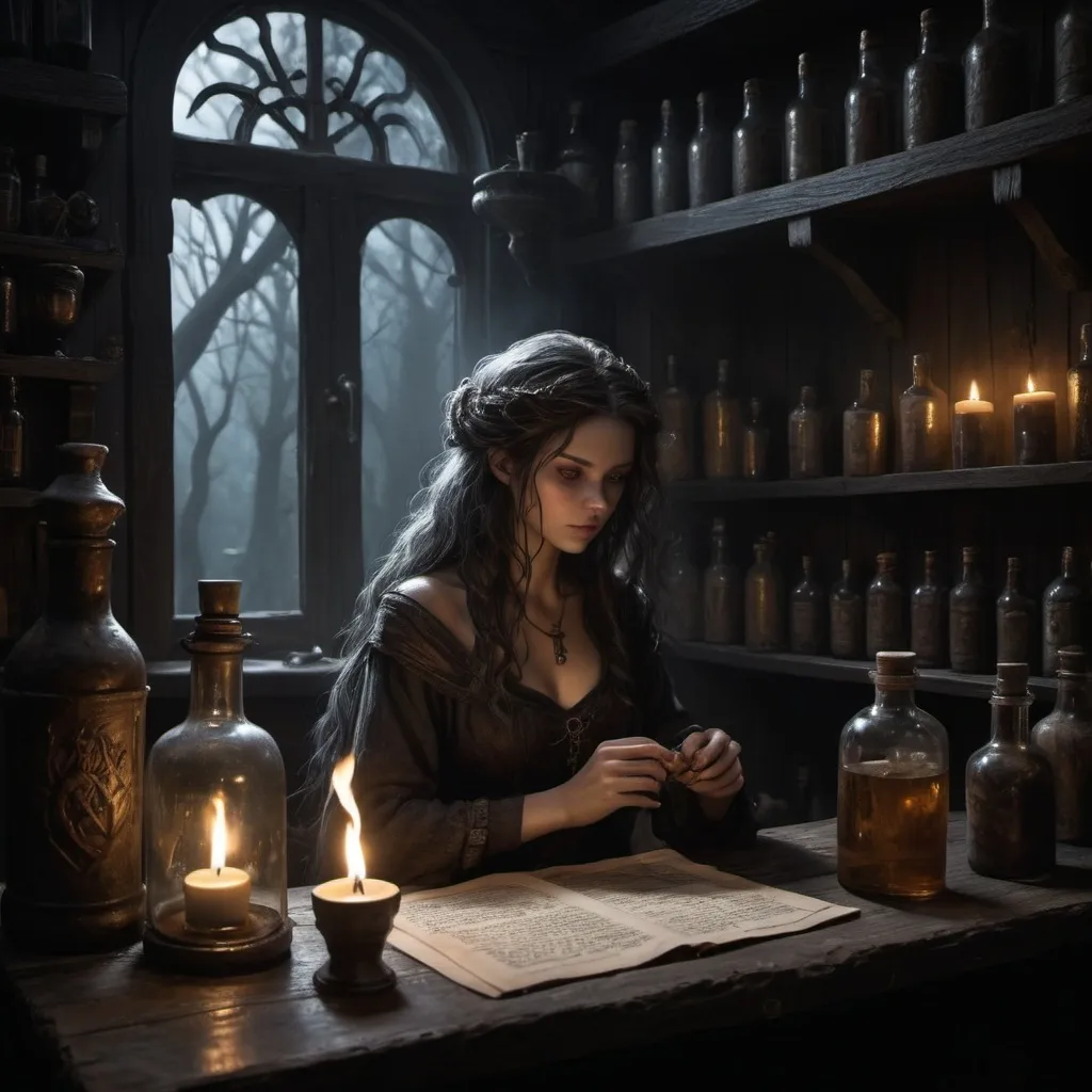 Prompt: In the dim, flickering light of an ancient tavern, nestled deep within the shadowy woods of a forgotten kingdom, a lone figure sits at the bar. The wood-paneled walls are lined with strange, arcane symbols that seem to shift and writhe when glanced at too long. Bottles filled with elixirs and potions of unknown origin gleam ominously on the shelves, their contents glowing faintly with otherworldly light.

The figure's hair, dark as midnight, is tangled with a quill pen, a relic of a sorcerer’s craft, now repurposed as a talisman of protection against the dark forces that linger just beyond the reach of the firelight. Her skin, pale and smooth, is contrasted by the deep shadows cast by the guttering candles. The silence of the tavern is broken only by the faint, eerie whispers that seem to emanate from the walls themselves.

In the reflection of a polished goblet, the figure's eyes are sharp and vigilant, revealing a soul who has seen much, perhaps too much, of the darkness that lurks in the world. The quill in her hair glows faintly, a sign of the ancient magic that resides within it, a magic she has harnessed to survive in this unforgiving realm.

The air is thick with the scent of burning herbs and the faint, metallic tang of spilled blood, remnants of forgotten rituals performed here long ago. Outside, the forest is alive with the sounds of creatures that do not belong to this world, waiting for the chance to step into the light.
