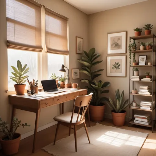 Prompt: In a serene and aesthetic beige setting, a content creator's workspace exudes warmth and creativity. The room is bathed in soft, golden light, creating a cozy atmosphere. A wooden desk sits prominently in the center, its surface adorned with carefully curated items. A vintage camera rests on one corner of the desk, a symbol of the creator's passion for capturing moments. Nearby, a steaming cup of coffee emits a comforting aroma, providing fuel for the creative process.

The walls are painted in soothing beige tones, complemented by subtle accents of cream and soft brown. Minimalist decor, such as potted succulents and a few artfully arranged books, adds character to the space without overwhelming its tranquility.

As the sun gently filters through sheer curtains, casting delicate shadows on the floor, the content creator's workspace becomes a sanctuary for inspiration and innovation. In this serene environment, surrounded by familiar tools of their trade, the creator's mid-journey unfolds with a sense of purpose and determination.


