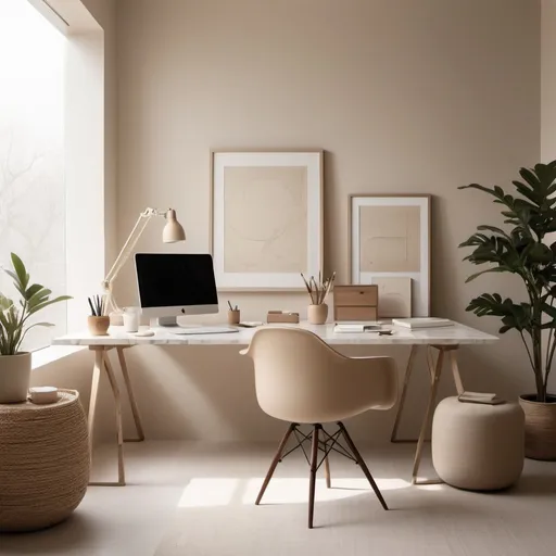 Prompt: In the midst of their content creation journey, the creator finds solace in a minimalist beige editorial workspace. The room exudes elegance with its carefully curated design and high-resolution details. A sleek marble table stands at the center, its smooth surface reflecting the soft glow of ambient lighting.

Surrounded by clean lines and muted tones, the workspace inspires focus and creativity. Minimalist decor accents the room, adding character without clutter. The beige color palette creates a sense of warmth and tranquility, inviting the creator to immerse themselves fully in their craft.

With every detail meticulously chosen, from the placement of the tools to the arrangement of the space, the workspace becomes a sanctuary for editorial pursuits. Here, amidst the raw beauty of simplicity, the creator embarks on their mid-journey with clarity and purpose.
