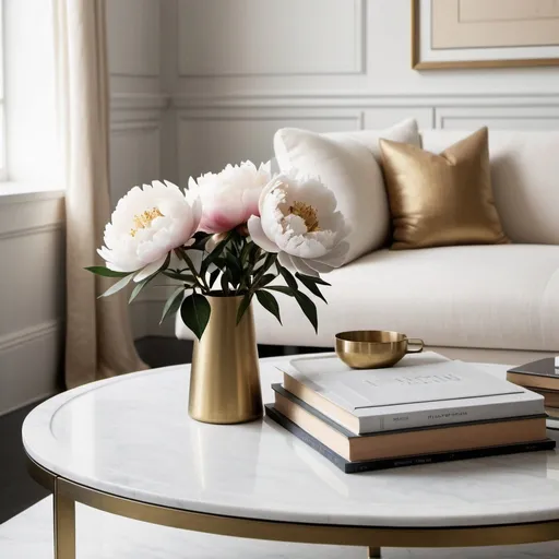 Prompt: hyperminimalist Commercial photography closeup detail, contemporary coffee table with some books on it, tray and peony flowers in a vase, bright and airy image, Iconic Works of Design, Natural Fibers, brass, marble, neutral colors, balance and symmetry, organized minimalism —style raw --s 90 --ar 4:5 --v 6.0