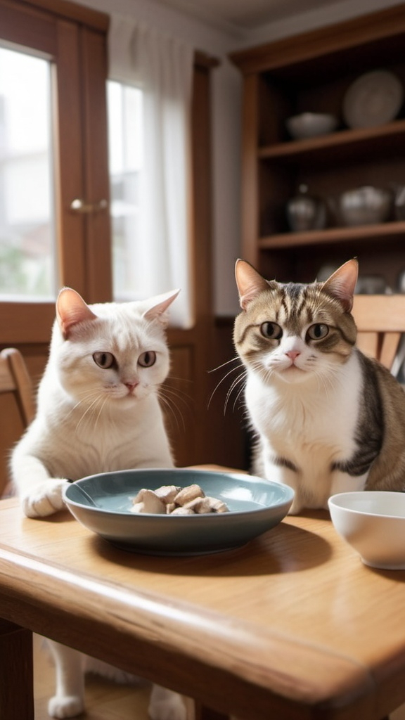 Prompt: A cozy living room with a couple of cats, one knocking over a dish from the table while the other watches with wide eyes. The cats look annoyed, hinting at an argument over small things like dishes.