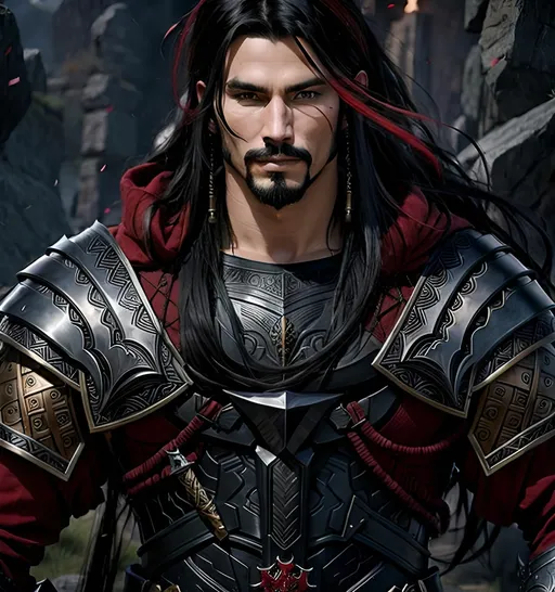 Prompt: Ancient warrior with long red and black hair, a goatee, armor, stands in a medieval warzone, centered| stunning visual| intricate| highly detailed| precise lineart| vibrant| comprehensive cinematic| full body, dynamic pose, best quality, 8k, clean focus,very Bloody spatter on face and neck,