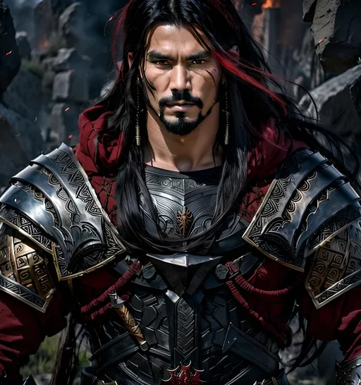 Prompt: Ancient warrior with long red and black hair, a goatee, armor, stands in a burning city, centered| stunning visual| intricate| highly detailed| precise lineart| vibrant| comprehensive cinematic| full body, dynamic pose, best quality, 8k, clean focus,very Bloody spatter on face and neck,