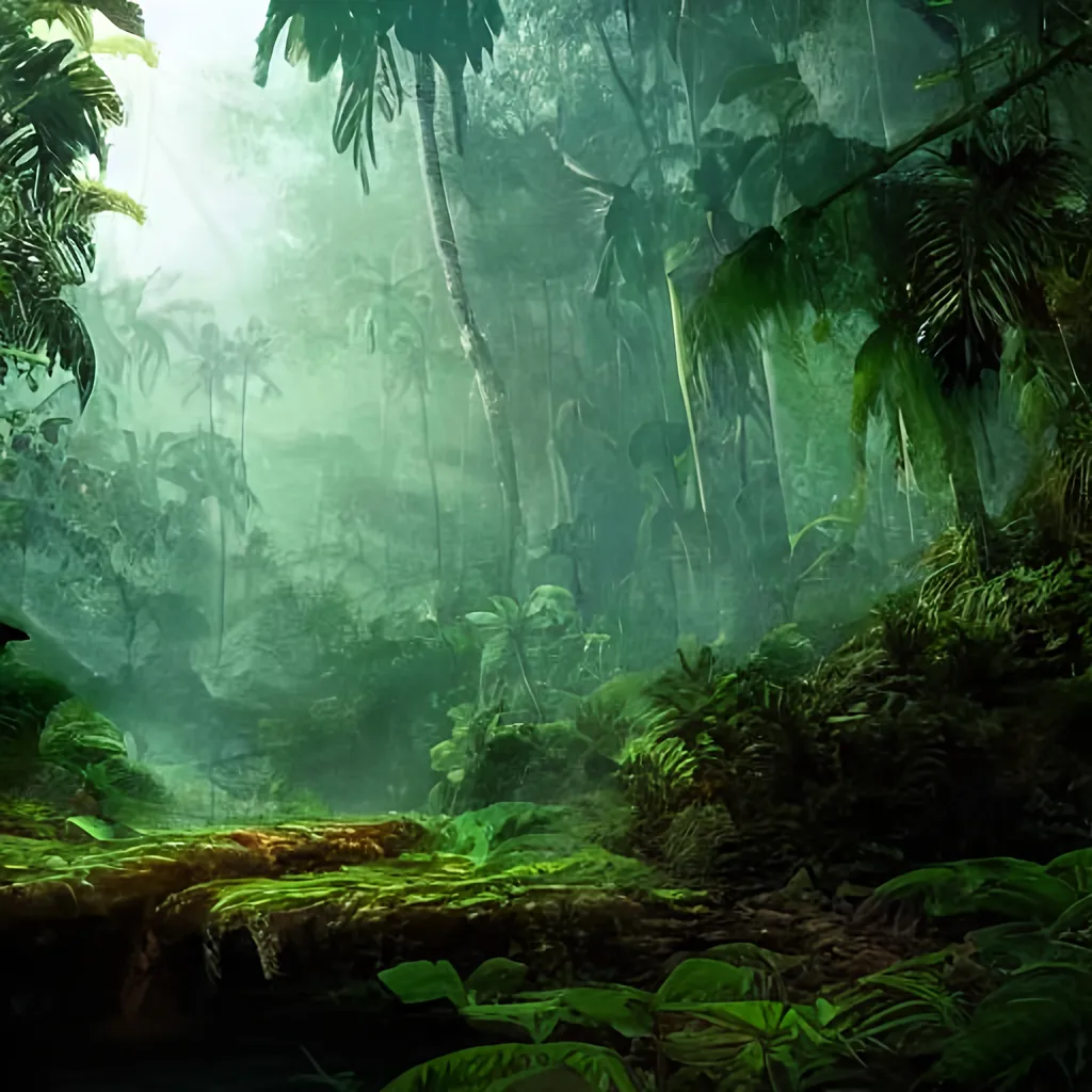 Prompt: stumbling across a lost city in a tropical rainforest, beautiful, cinematic, dramatic lighting, shadows, highly detailed fantasy