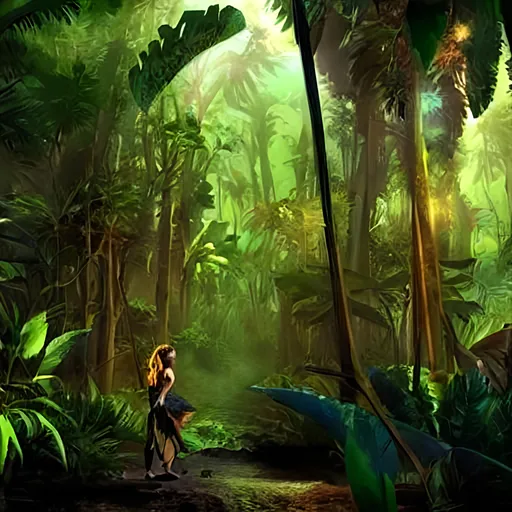 Prompt: lost in a tropical rainforest, beautiful, cinematic, dramatic lighting, shadows, highly detailed fantasy