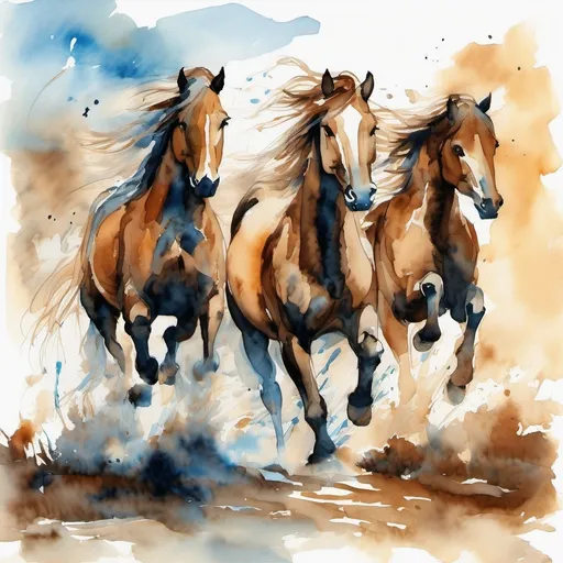 Prompt: Create an abstract loose  water colour  painting of seven galloping horses            


