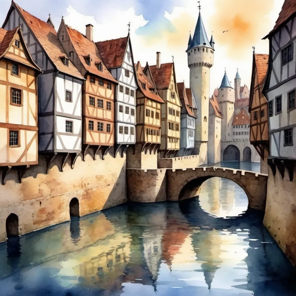 Prompt: Make a water paint art of a city from the medieval times in Europe with bustlingl life. don't overcrowd with characters or colors. Keep it subtle but rich. Should look like a wall art for the rich