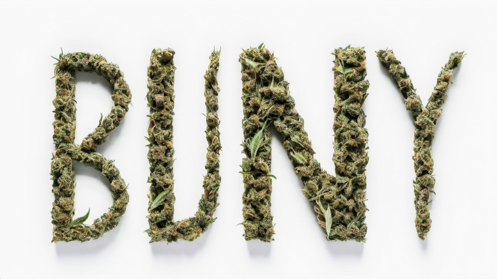 Prompt: the text "Bunny" written with cannabis leaves and Marijuana buds. White background 