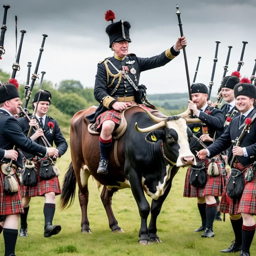 Prompt: King Charles III riding a cow surrounded by Scottish bagpipers