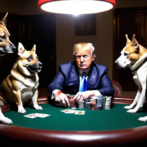 Prompt: Donald Trump and dogs playing poker.