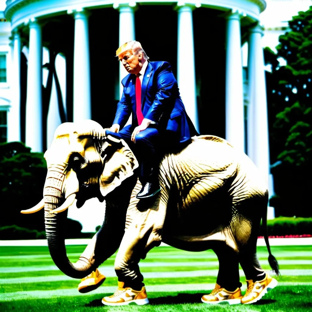 Prompt: Donald Trump wearing golden Trump sneakers riding an elephant on the White House lawn.