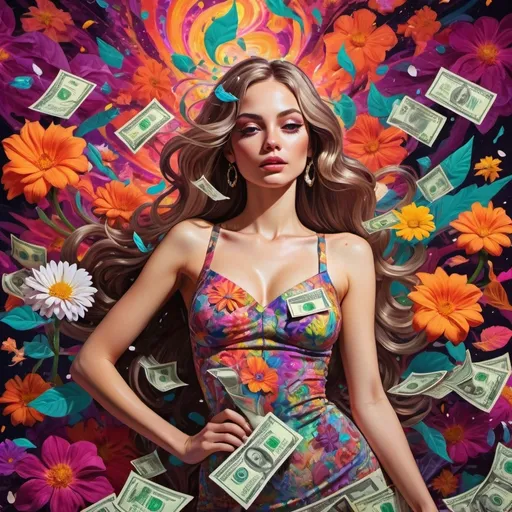 Prompt: (trippy psychedelic) design, rich girl with cash flower petals, dollar bills intertwining with vibrant flowers, surreal contrast with (cocaine elements), bold colors reminiscent of a dreamscape, abstract and flowing shapes, capturing a cohesive aesthetic of wealth and indulgence, mesmerizing patterns swirling in the background, high-quality, ultra-detailed, luminous brightness.