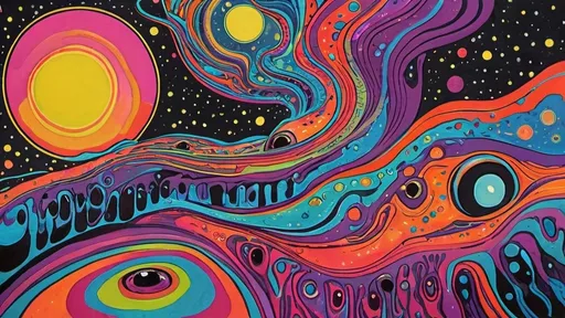 Prompt: psychedelic print ,  galaxy, melting, concert poster, trick of the eye painting