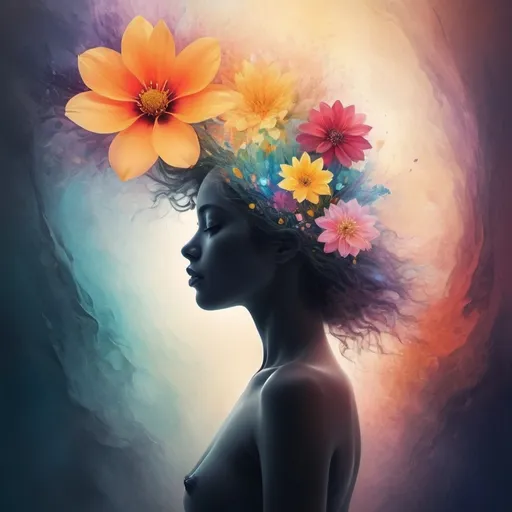 Prompt: (inner bloom), vibrant colors, a flower blossoming gracefully from within a person's silhouette, soft and ethereal light, tranquil atmosphere, abstract design, high detail, conveying a sense of growth and enlightenment, lush textures, juxtaposition of softness and strength, harmonious composition, background blending of cool and warm hues, ultra-detailed, artistic representation of self-discovery and emotional depth.