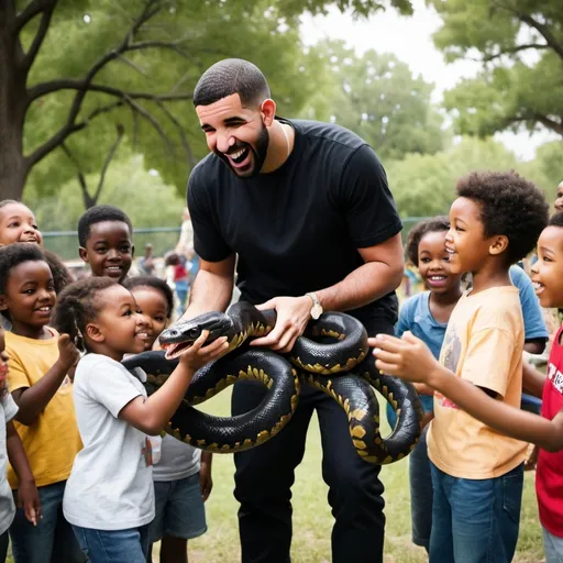 Prompt: Drake playing with kids at the park. He is handing out massive black thick snakes High res, resiltic