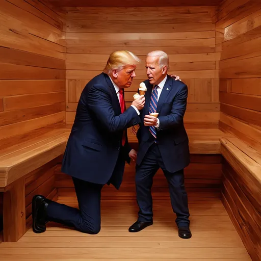 Prompt: Donald trump and joe biden tenderly touching eachother in the sauna. High res, photorealistic, real life quality. They are very sweaty and are wearing attire that would typically be worn in a sauna. You can see their toes. They are standing in a cuddling formation with donald trump kneeling infront of JOe Biden, Donald trump is holding a ice cream infornt of Joe Biden's waist. They are now eating icecream together while still tenderly touching eachother. You can see their bare rock-hard 8 packs stomachs. THey are starting  wrsetling match in th official starting position in the Oval office at the white house in THE UNITED STATES OF AMERICA
