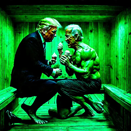 Prompt: Donald trump and joe biden tenderly touching eachother in the sauna. High res, photorealistic, real life quality. They are very sweaty and are wearing attire that would typically be worn in a sauna. You can see their toes. They are standing in a cuddling formation with donald trump kneeling infront of JOe Biden, Donald trump is holding a ice cream infornt of Joe Biden's waist. Joe biden is standing over donald trump while showing off his abs. They are now eating icecream together while still tenderly touching eachother. You can see their bare rock-hard 8 packs stomachs. 