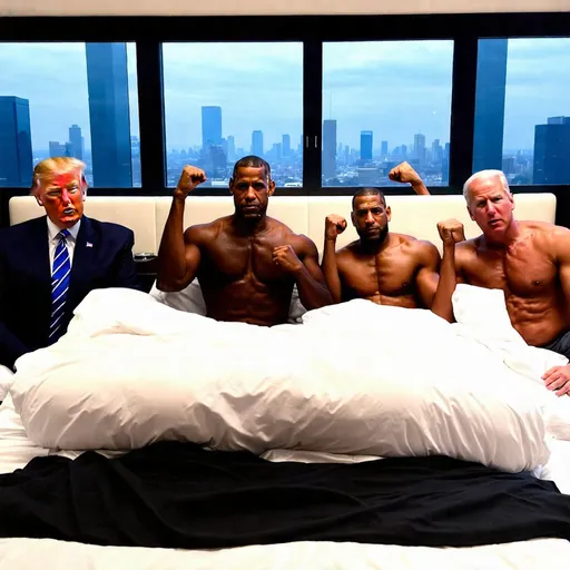 Prompt: (LeBron James in bed with Barack Obama, Joe Biden, and Donald Trump flexing their rock-hard abs) photorealistic, oily skin, high resolution, cinematic lighting, ultra-detailed, vibrant colors, confident and playful atmosphere, silky smooth sheets, luxurious bedroom, modern decor, background includes a cityscape visible through large windows, each person displaying strong, defined abs, appropriate tense expressions, 4K quality, top-tier photography skills, professional composition, emphasis on muscle definition and shine.