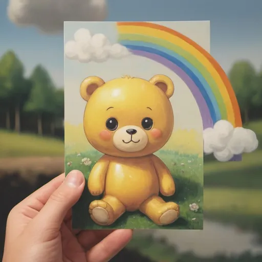 Prompt: 

digital anime oil painting drawn by children with innocent features and reminiscent of the innocent soul, a yellow transparent card containing a small plastic wrap containing a child's toy. on the card there is a rainbow Small in the shape of a teddy bear and landscape space. shot on 35mm photo 4k NFT. direct view.

--q 1 --w 1000 --s 750 -- chaos 100 -- niji 6