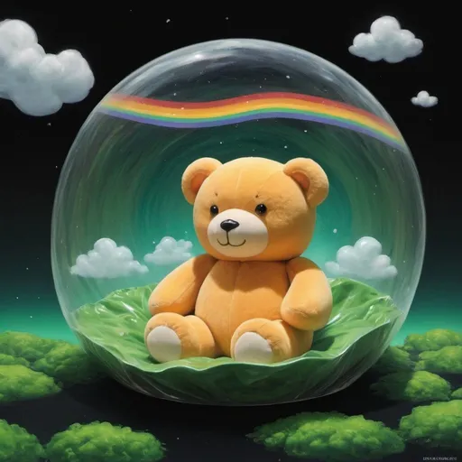 Prompt: anime digital oil painting. unripe horizontal mango shape containing a teddy bear shaped like clouds and rainbows and enclosed in green transparent plastic wrap. space landscape on black background.

--q 1 --w 1000 --s 1000 --chaos 1000 --creative 3000 --niji 6