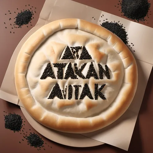 Prompt: Let's have an image of a pita facing the camera and write ATAKAN with black seeds on it. Let's make it photorealistic.