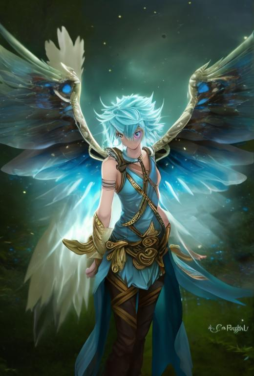 Prompt: Fairy, bard, cleric, male, blue hair, blue eyes, golden wings with blue tips,