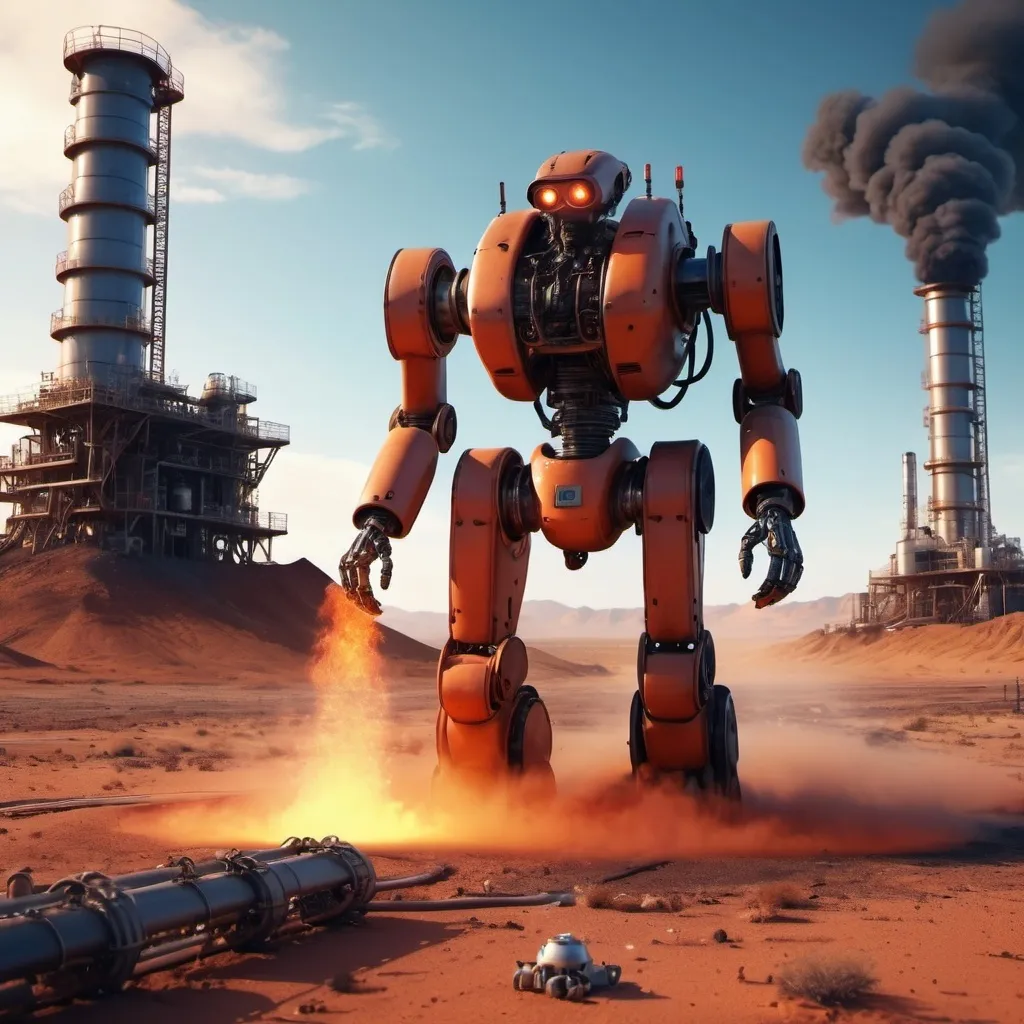 Prompt: A gas leak in a pipeline in the desert, army of Artificial Intelligence robots combating the leak, cinematic high-depth scene, dramatic metallic reflections, fiery orange and crimson hues from the gas flames, severe and chaotic atmosphere, intricate mechanical details, sandy and arid landscape, futuristic sci-fi elements, ultra-detailed, 4K quality, dust particles in the air, high-contrast lighting, a sense of urgency and tension, advanced technology, hyper-realistic. Add  a gas plant in the background with blue contrast as if it is all safe and away from the danger being protected by the robots