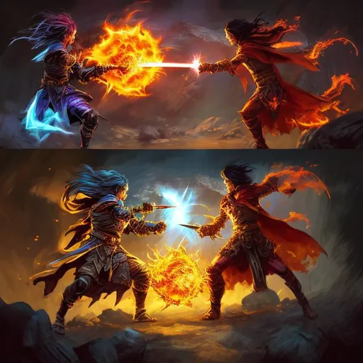 Prompt: Fireball duel between sword-wielding fighter and magic-wielding wizard, vibrant and fiery color palette, fantasy setting with ancient ruins, high fantasy 3D rendering, dramatic and epic style, dynamic lighting and intense shadows, detailed weapon designs, magical effects, high quality, highres, ultra-detailed, fantasy, magic, vibrant colors, dramatic lighting, epic style, dynamic composition.