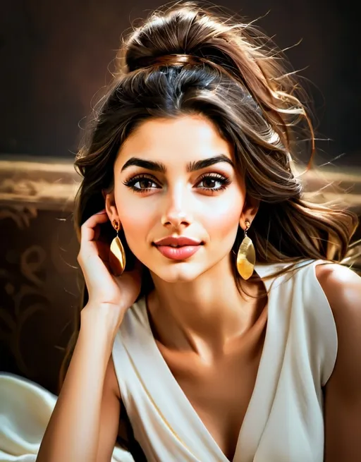 Prompt: (vibrant portrait of a woman), (long hair), wearing (gold earrings), in a (flowing white dress), against a rich (brown backdrop), (Elina Karimova), (perfectly detailed facial features), soft lighting, cozy atmosphere, elegant expression, high quality, ultra-detailed, artistic masterpiece, elegant portraiture with depth and character.