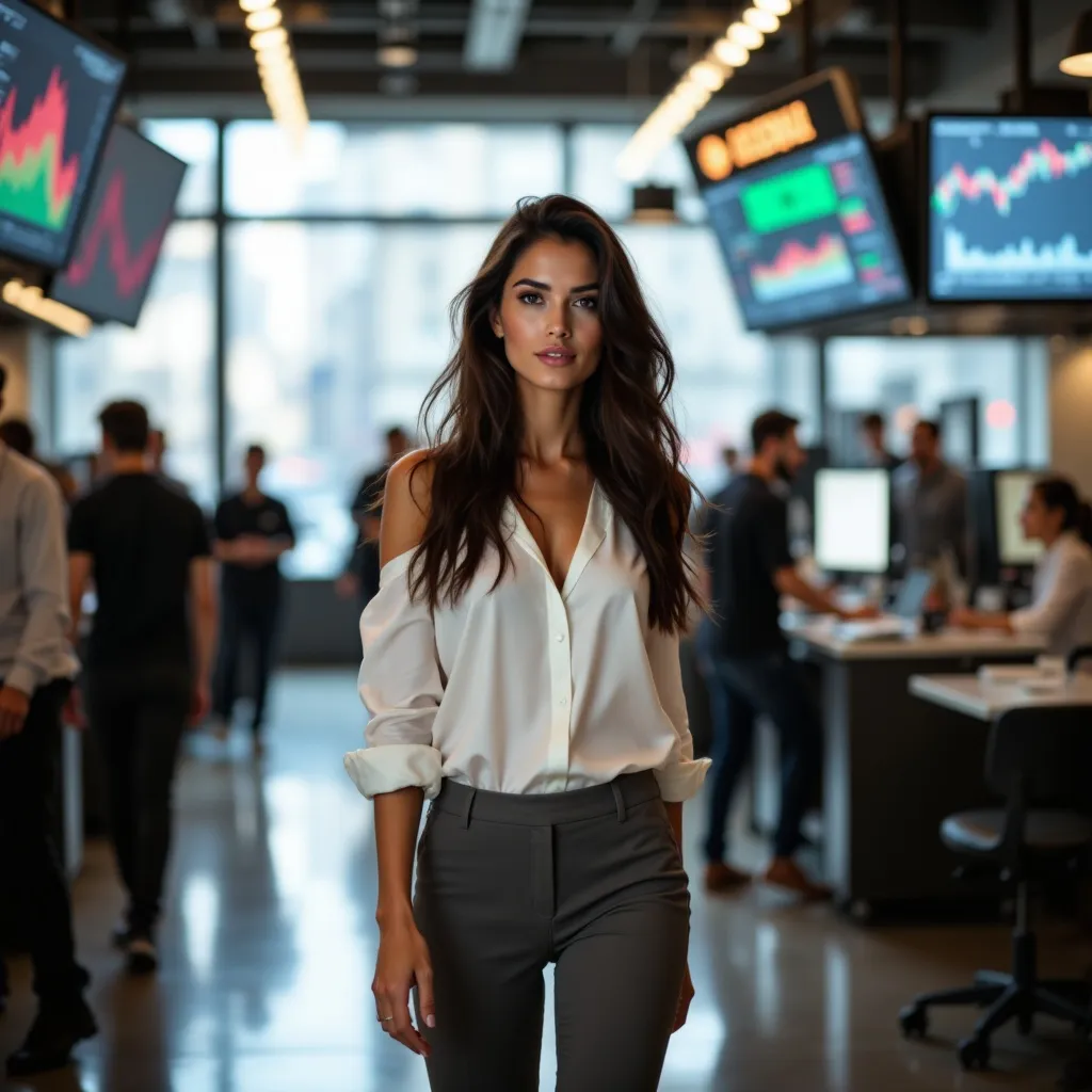 Prompt: @j7DJumiixFXqTk7Tmgx9 is wearing a white shirt tucked into grey slim fitting women's slacks, while walking through a busy trading floor in a financial building.
