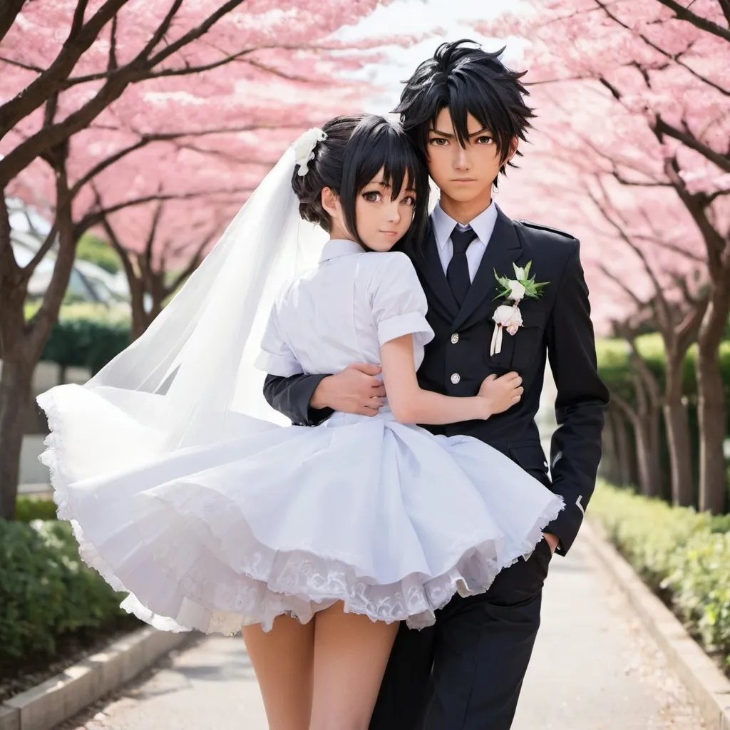 Prompt: gakuran anime boy bridal carrying seifuku anime girl