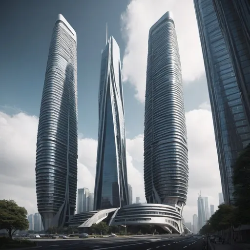 Prompt: A massive futuristic skyscraper with a unique shape.