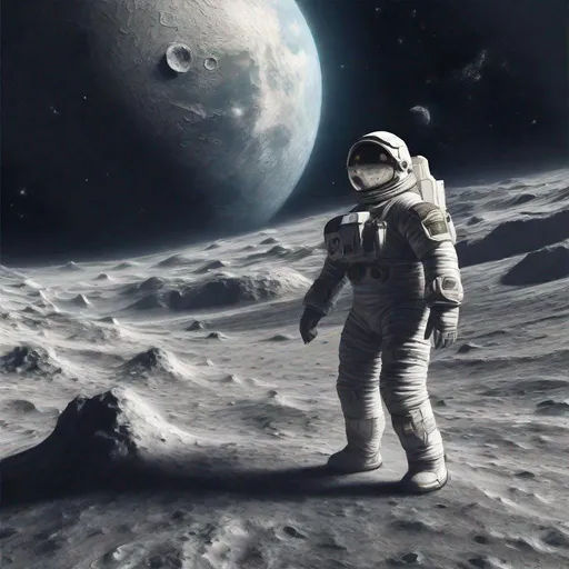 Prompt: ## Prompt:

**Medium:** Digital artwork, realistic style

**Subject:** An astronaut standing on the lunar surface

**Action/State of Being:** The astronaut raises their head and gazes towards Earth, contemplating its beauty

**Setting/Environment:** The Moon's surface, with a clear view of Earth in the distance

**Mood/Atmosphere:** Awe-inspiring, serene, majestic

**Specific Elements/Features:** 

* The astronaut's spacesuit, with intricate details and realistic textures
* The lunar landscape, showcasing craters, mountains, and dust
* Earth, depicted as a vibrant blue sphere with swirling clouds
* The vastness of space, filled with stars and nebulae

**Lighting and Colors:** 

* Bright sunlight illuminating the lunar surface and the astronaut's suit
* Earth's vibrant blue and white colors contrasting with the grey lunar landscape
* Deep blacks and purples in the background space, highlighting the stars and nebulae

**Additional Notes:**

* Focus on the astronaut's expression of awe and wonder
* Capture the sense of scale and vastness of the scene
* Use realistic lighting and textures to enhance the immersive experience
