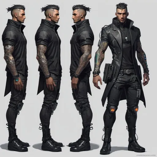 Prompt: Character design sheet male, cyberpunk