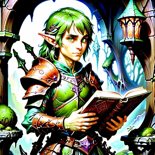 Prompt: Scrawny thin elf with light green skin and lighter green shaggy medium length hair with moss growing in his hair and neck. he is a fey sage-like scribe with some wrinkles around his eyes. he is wearing scale mail armor made of hardwood plates. the wooden plates have intricate elven carvings.he holds a large tome and has a crossbow attached to his back. in the background is an enormous fantasy library. fantasy style. Larry Elmore style
