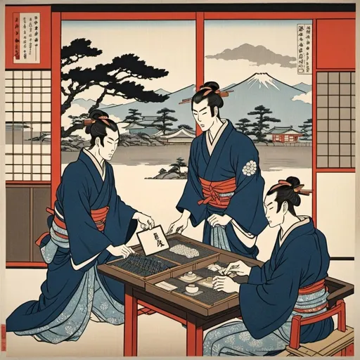 Prompt: Ukiyo-e japanese art of guys making business