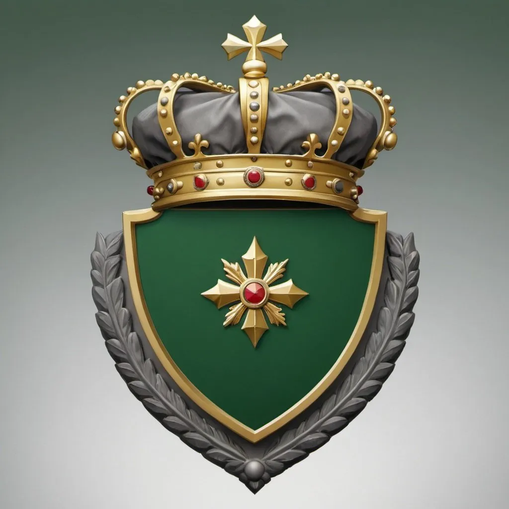 Prompt: A military emblem of a gold crown ontop of a green shield with a grey border
