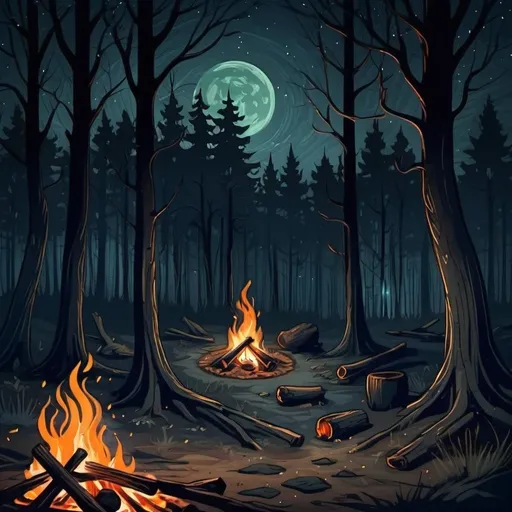 Prompt: illustration painting art nouveau dark forest at night. campfire. artistic. scratches and dirt. 