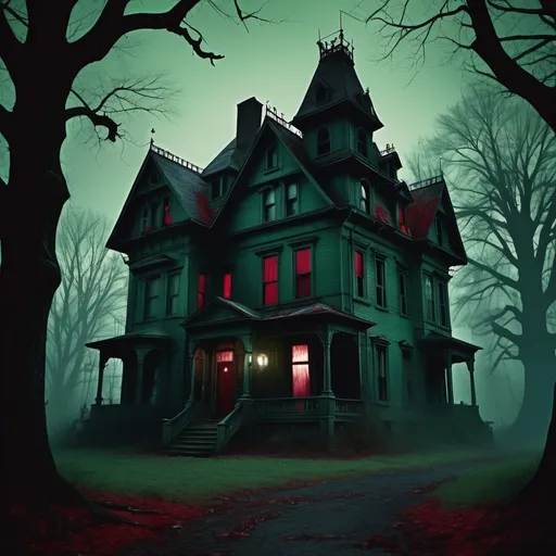 Prompt: (1980s horror movie), eerie atmosphere, retro film grain, dark shadows looming, dimly lit settings, frightened characters, suspenseful tension, vintage aesthetic, chilling color palette with deep reds and greens, creepy old house backdrop, sinister trees, high-quality image, ultra-detailed, nostalgic horror elements, capturing the essence of classic thrillers.