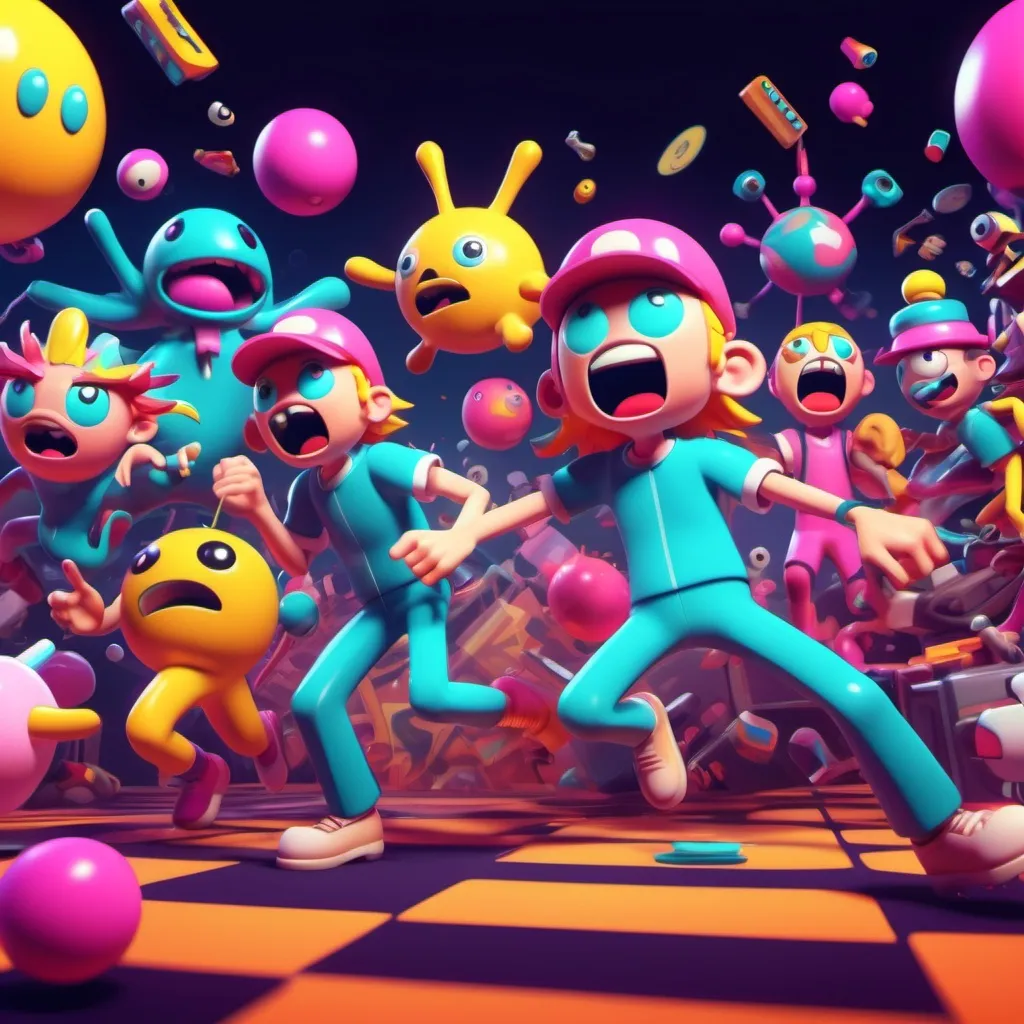 Prompt: Funny video game glitch, (whimsical) characters in bizarre poses, absurd graphics distortion, vivid colors, chaotic background with pixelation effects, exaggerated expressions, surreal atmosphere, playful energy, (cartoonish) style, retro gaming elements scattered, high detail, 4K resolution, dynamic humor, lightheartedness permeating the scene.